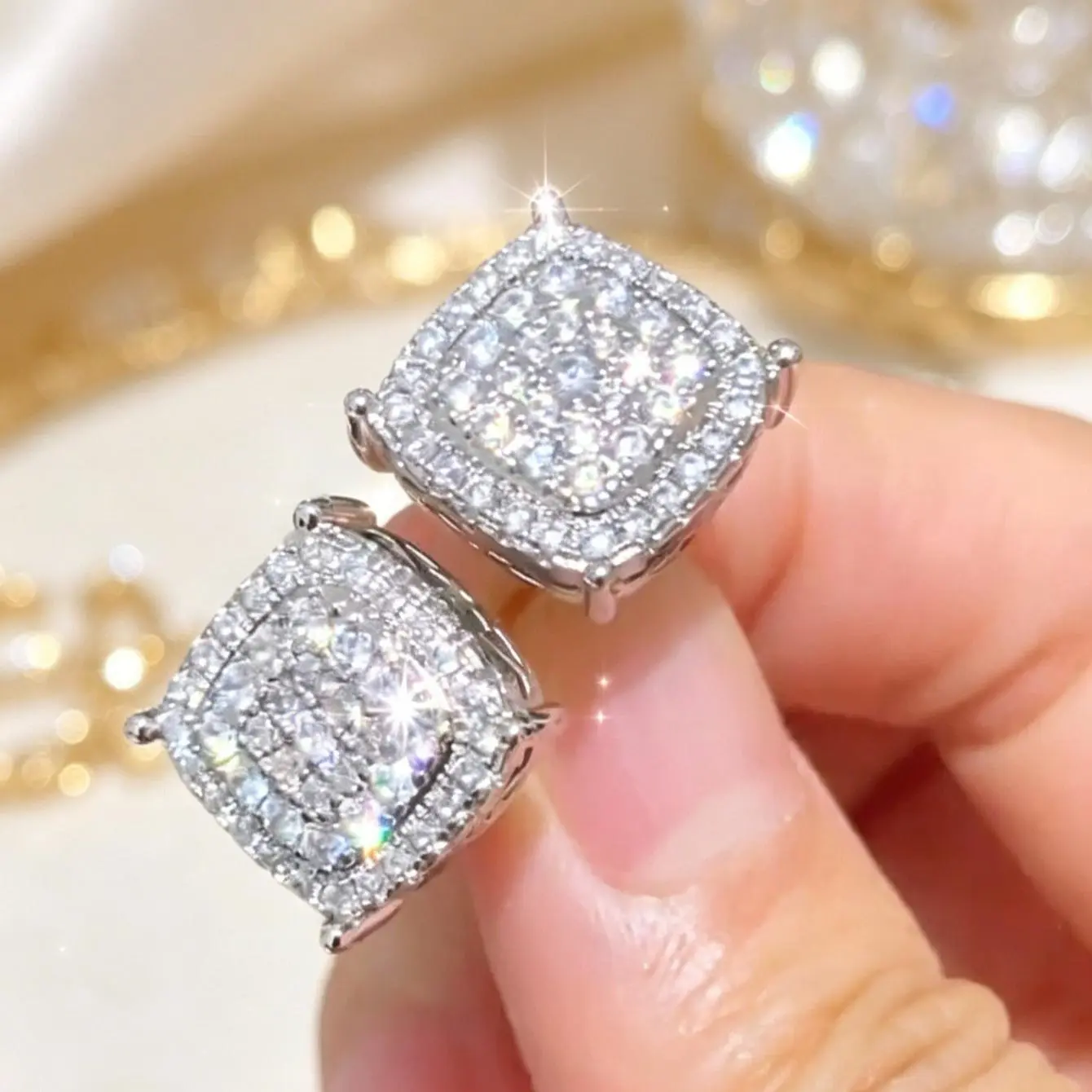 Full Pave Square Stud Earrings Minimalist Statement Jewelry Sparkling Bling for Daily & Party Cube Earrings - Ultra-Bling Micro-Paved Studs for Women & Men Valentine's Day, Mother's Day, and graduation gifts.
