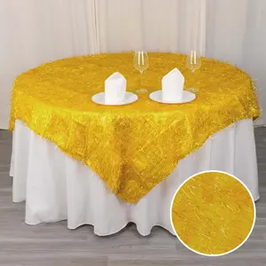 Polyester Table Overlay 72"x72" Gold - Metallic Fringe Shag Tinsel Design, Glamorous Decor for Parties