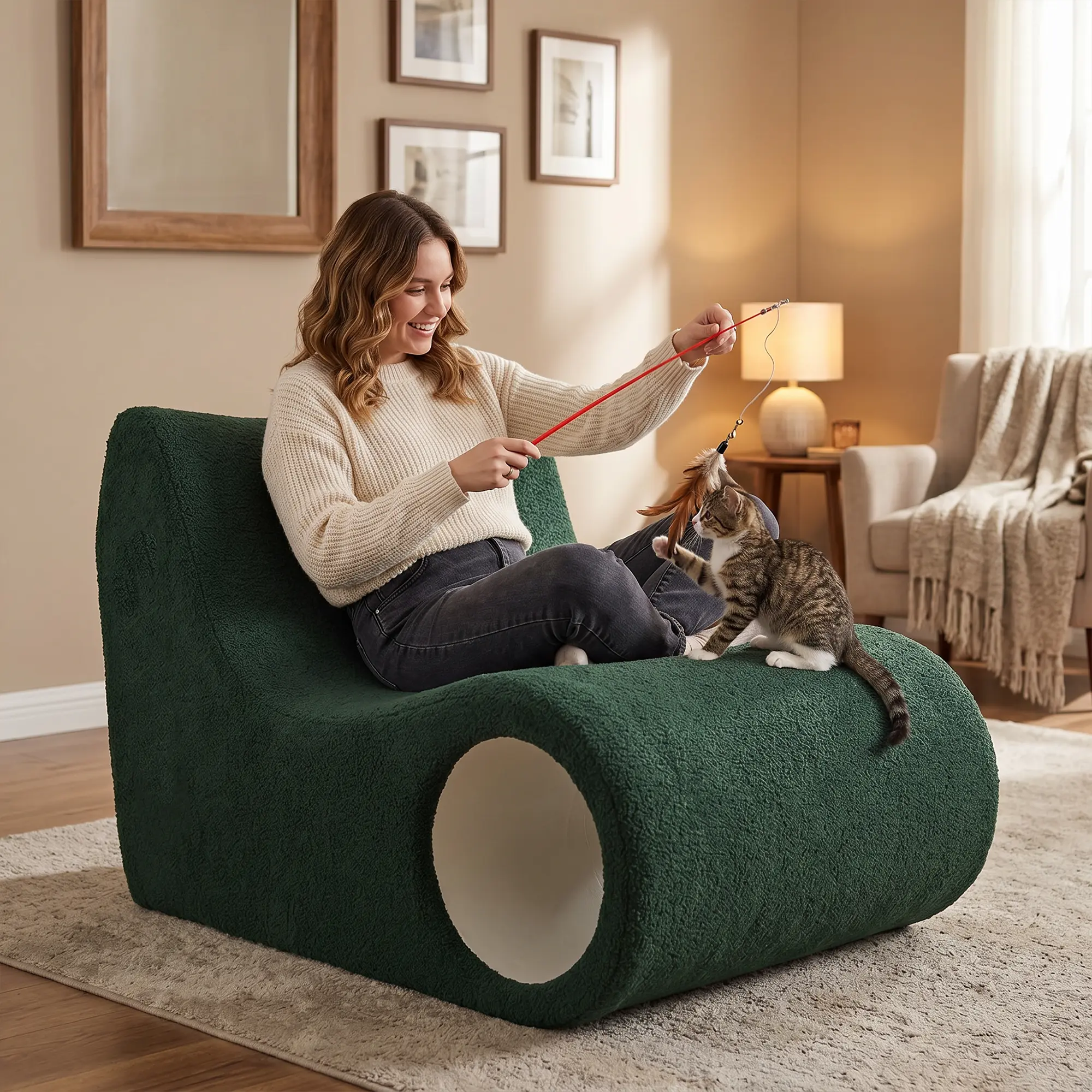 Single-Seater Armless Oversized Corduroy Knitted Fabric Bean Bag Chair - Soft Fleece Chaise Lounge, Indoor Sofa with Built-In Cat Tunnel Hideaway, Multi-Use Furniture for Cat Owners