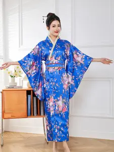 Women's Japanese Blue Floral Kimono Robe Satin Traditional Yukata with Obi Belt Long Sleeve Vintage Floral Print Bathrobe Casual Cosplay Costume for Party Festival Photoshoot & Daily Wear