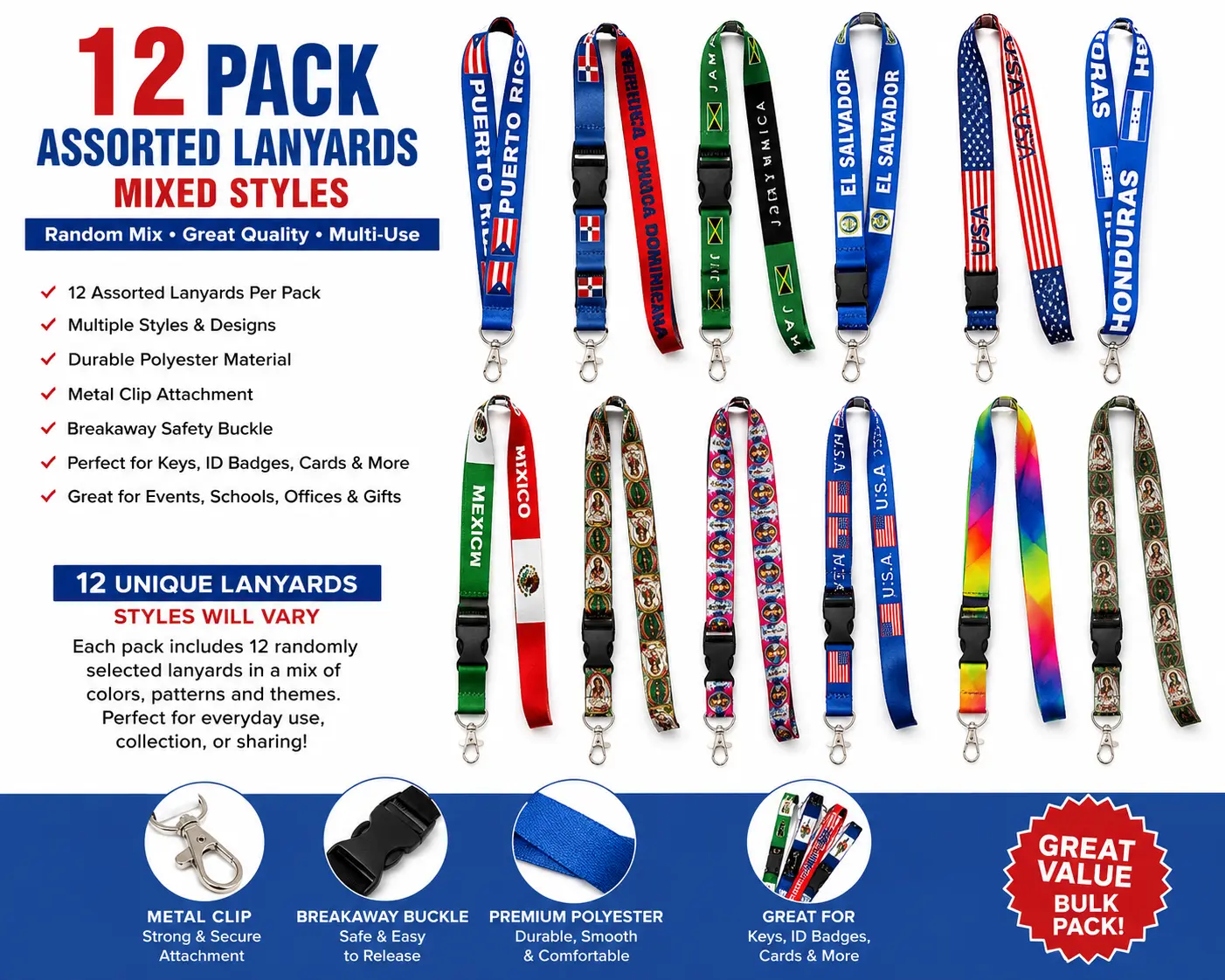 12 Pack Assorted Lanyards Mixed Styles – Country Flag, Religious & Novelty Designs – Random Variety Bulk Bundle
