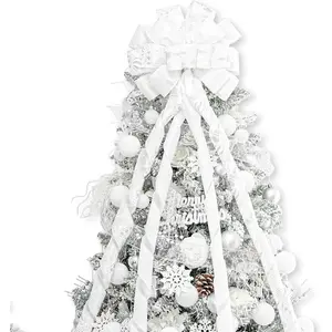 Christmas Tree Topper Bow,53x13 Inches Large Christmas Bow with Glitter Streamer and Patterned Ribbon,Decorative Bows for Xmas Tree Wreath Door Festival  Decor(White)
