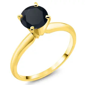 Gem Stone King 14K Yellow Gold Black Zirconia Solitaire Engagement 4-Prong Ring For Women | 1.50 Cttw | Round 6MM | Gemstone Birthstone