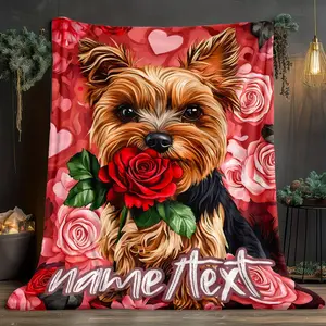 1pc of Dog-Themed Portable Blanket Featuring a Red Rose And Customizable Name - a Lightweight Flannel Throw Suitable for The Sofa, Travel, Camping, Living Room, Office, Couch, Chair