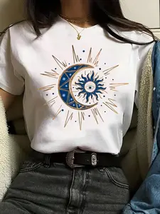 Women's Moon & Sun Print Short Sleeve Tee, Casual Streetwear Fitted Graphic Round Neck Lady T-Shirt, Fashion Women's Top for Everyday Wear