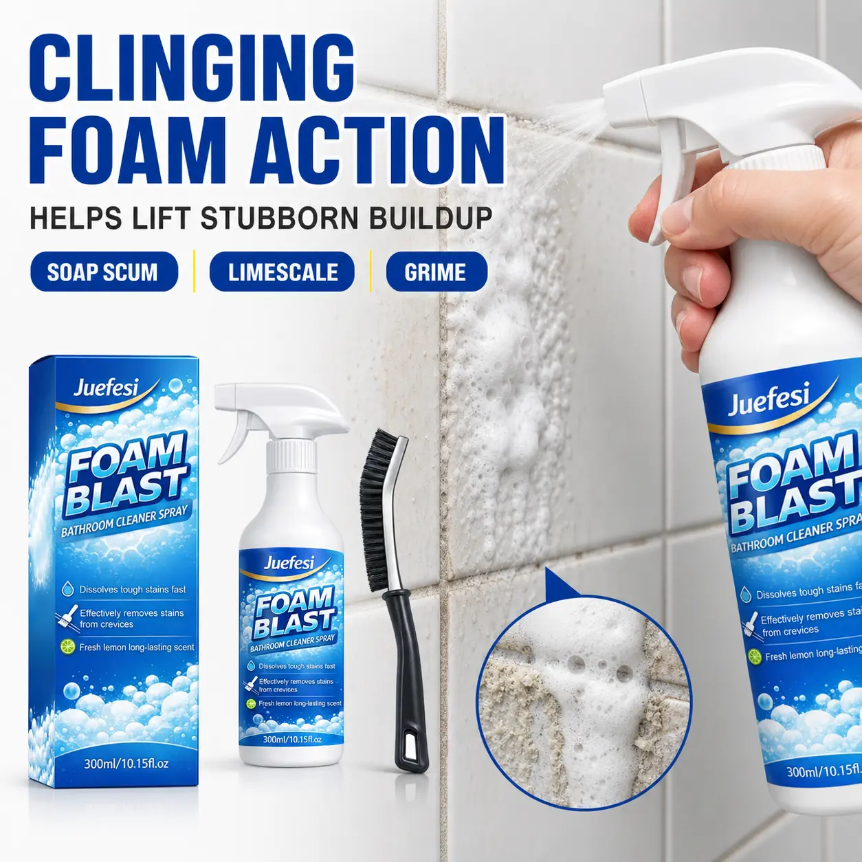 300ml Bathroom Cleaner Spray for Soap Scum Limescale and Water Spots on Shower Glass Tile Grout Sink and Faucet with Crevice Cleaning Brush household items