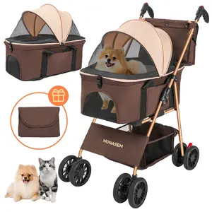Monasem 3-in-1 Pet Stroller, Foldable 4-Wheel Cat & Dog Stroller with Detachable Carrier, Canopy and Storage Basket, up to 60lbs