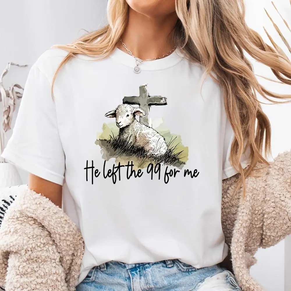 Lamb And Cross He Left The 99 For Me Print, Neck Drop Shoulder T-Shirt, Christian Easter Religious Faith Theme, Church Worship Daily Wear