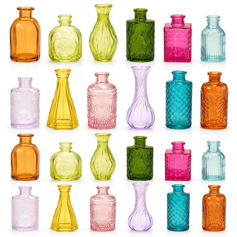 Colorful24 24-Pack Vintage Glass Bud Vase Set - Specialty Kitchen Utensils, Small Flower Vases for Bouquet, Wedding Centerpieces, Home Table Decor