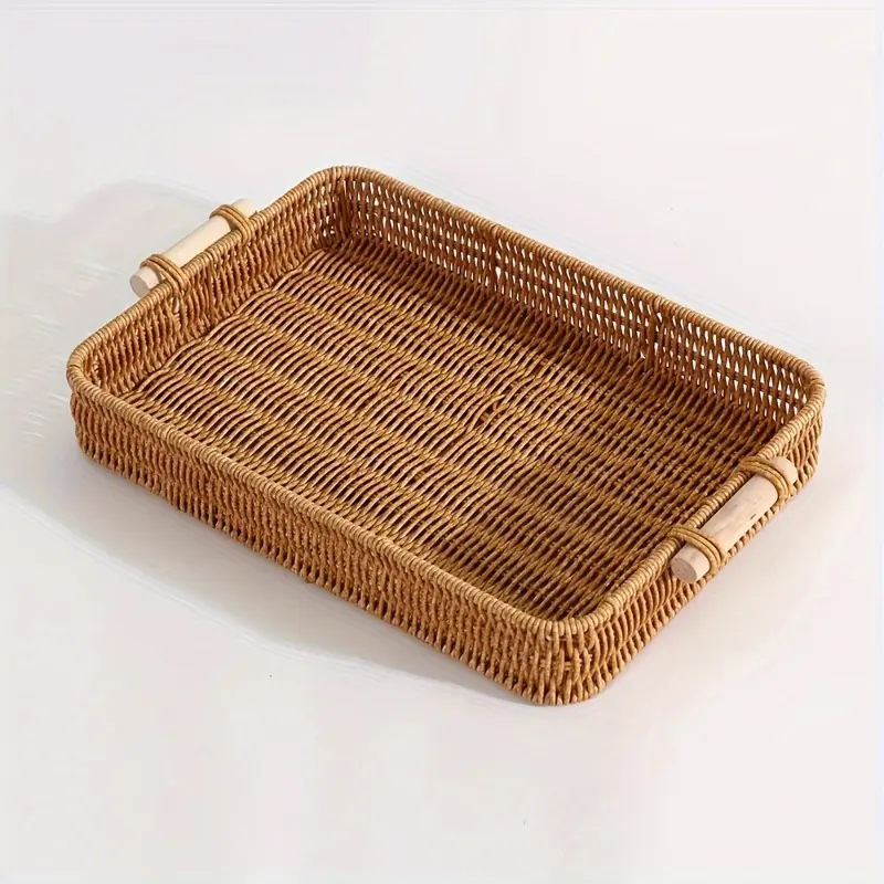 One plastic rattan woven storage basket with handle, modern TV cabinet storage basket, rectangular shallow storage frame, suitable for use in living room, bedroom, kitchen, bathroom, and hotel service for storing miscellaneous items.