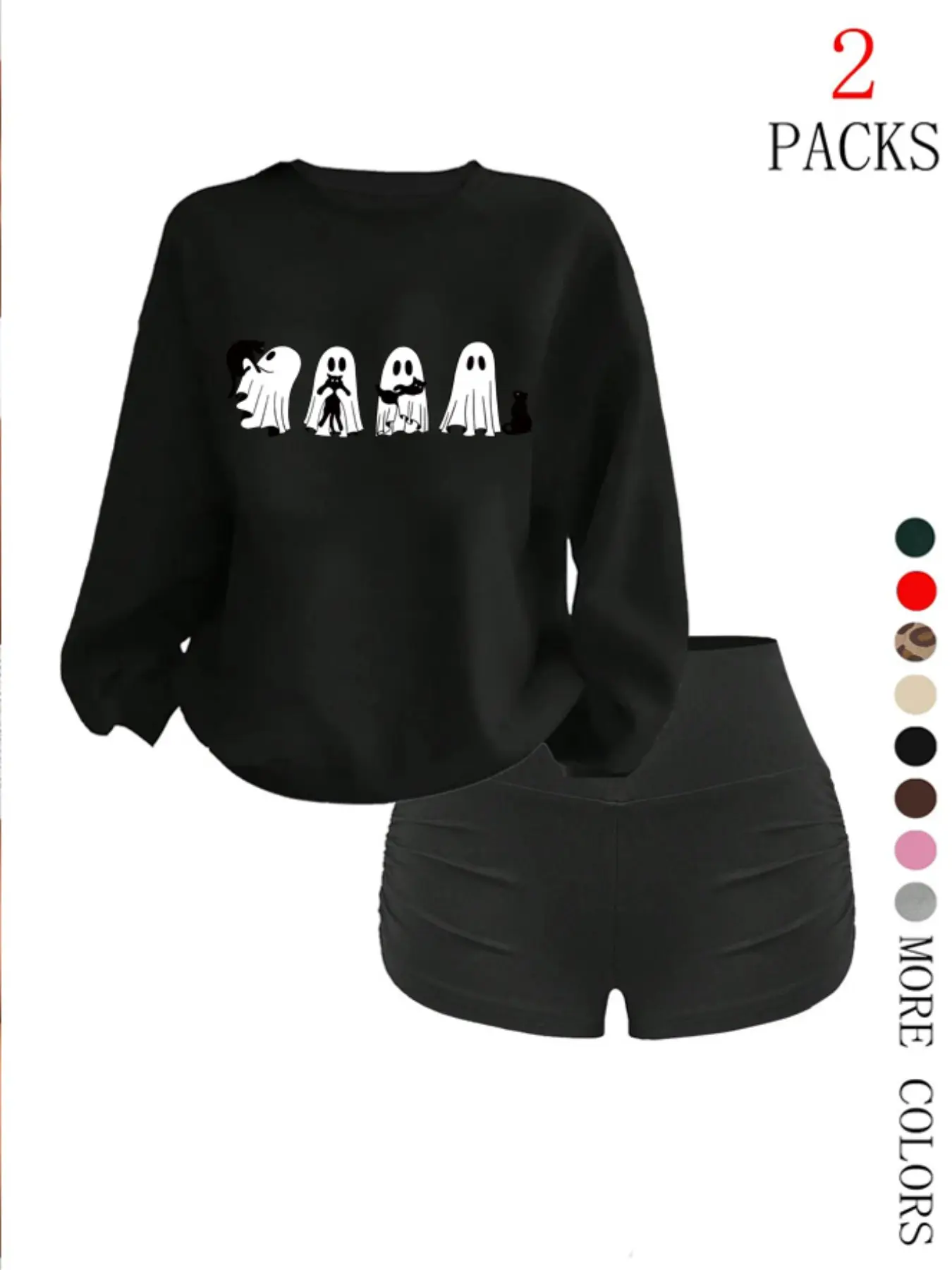 Women's Fashion Round Neck Knitted Pullover Sweater Set, Halloween Ghost Cat Cartoon Print, Casual Loose Fit, Fall Winter Thick Fabric