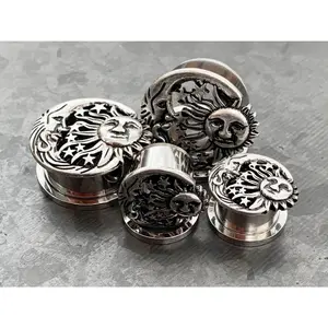 PAIR of Beautiful Moon, Star & Sun Celestial Steel Screw Fit Stainless Steel Tunnels
