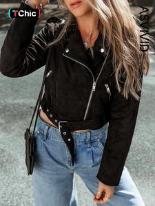 women's solid belted hem zip up suede jacket, casual long sleeve outerwear for fall & winter, ladies clothes for daily wear