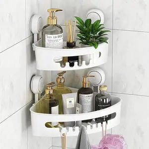 Corner Shower Caddy Suction Cup 2 Tiers No-Drilling Removable Shower Caddy Basket Powerful Suction Bathroom Shower Shelf Waterproof & Oilproof Bathroom Organizer for Bathroom & Kitchen-White