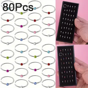 80pcs/Set Colorful Rhinestone Nose Rings Stainless Steel Nostril Piercing Jewelry Bohemian Nose Hoop Ring 8mm Cartilage Tragus Daith Earring Jewelry Party Jewelry Set