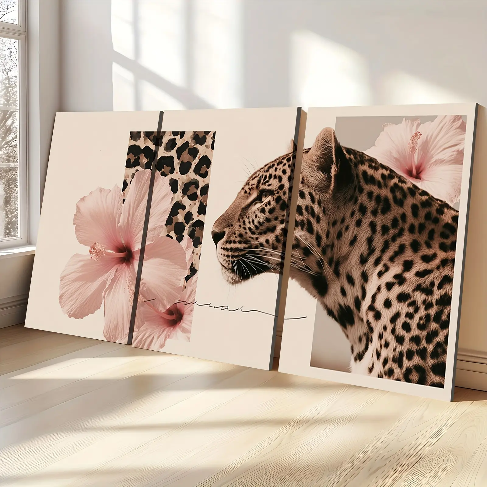 Artistic 3-Piece Glossy Waterproof 2D Flat Framed Wall Art Posters - Blush Pink Hibiscus, Leopard Print, Polka Dot Canvas; Minimalist Neutral Farmhouse Decoration for Kitchen; 4th of July, Thanksgiving, Carnival Indoor/Outdoor Home Supplies