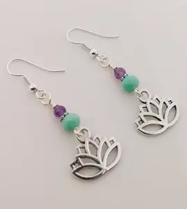 Lotus Flower Dainty Dangle Charm Earrings with Purple & Teal Beads Silver Tone Fashion Accessories