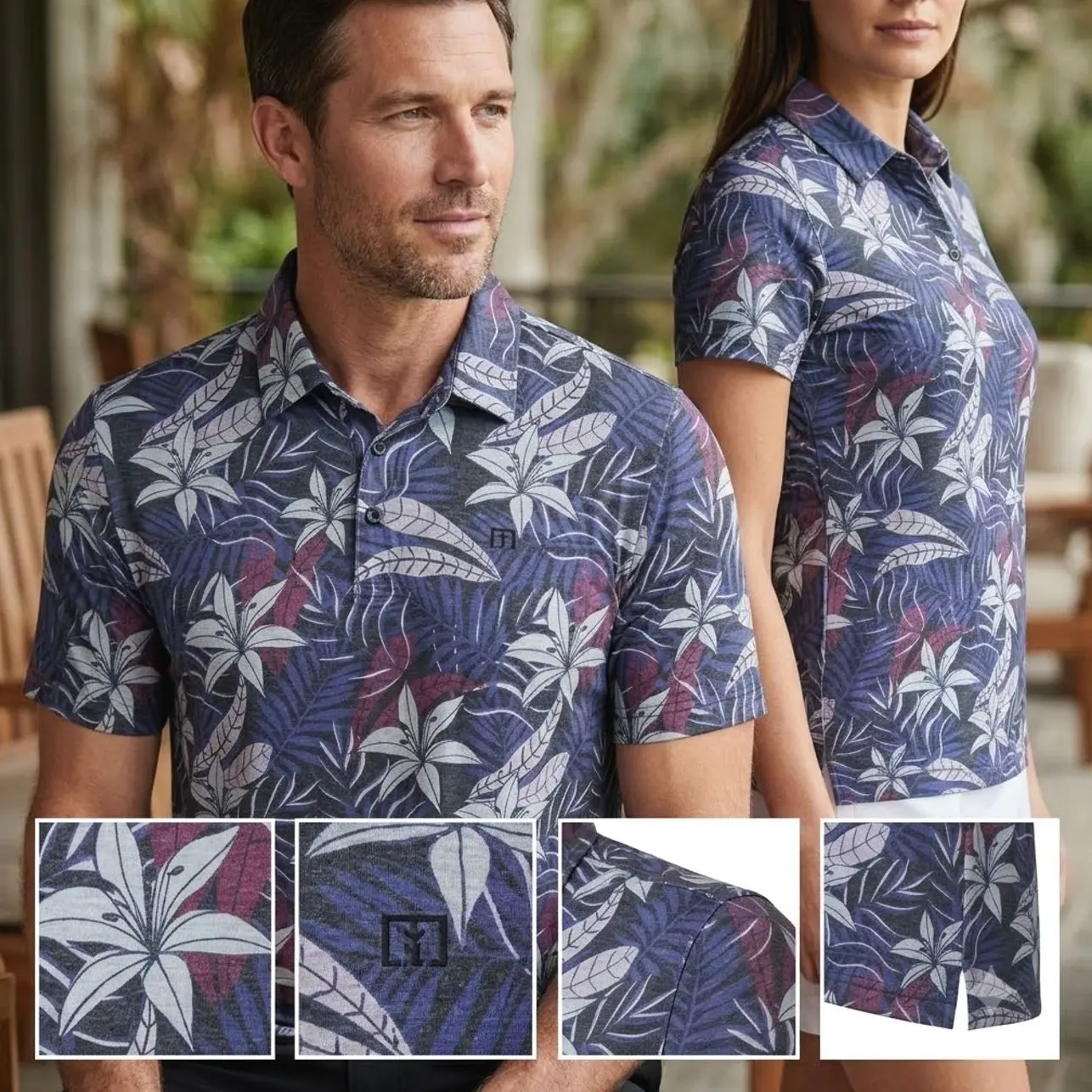 Unisex Tropical Floral Print Golf Polo Shirt - Short Sleeve Dark Hawaiian Vacation & Casual Collared Top