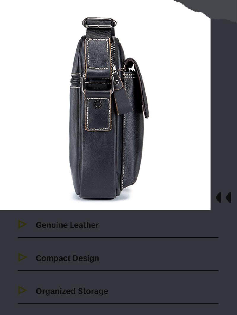 FR Fashion Co. Men's Genuine Leather Crossbody Bag - Classic Black, Adjustable Non-Slip Strap, Lightweight, Zipper Closure, Travel & Everyday Use, 100% Genuine Leather, 8.66" L x 7.08" H x 1.97" W