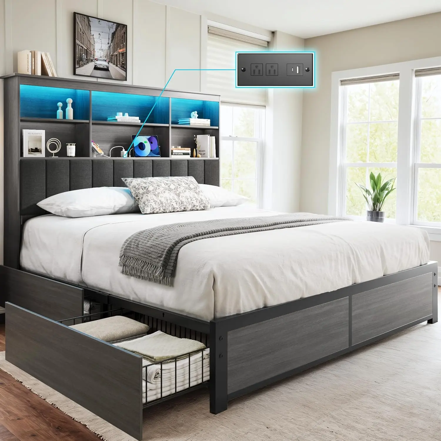 HISOFT Queen Bed Frame with Storage Headboard, Wooden Bed with High Storage Bookcase, Ship in 2 Boxes, 4 Drawers & LED & Charging Station,No Box Spring Needed/Noise Free/All-Metal Support, Rustic Grey