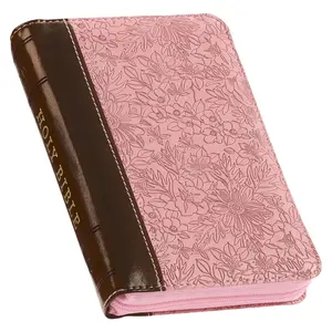 Pocket Bible: Pink/Saddle Tan Faux Leather with Red Letter Text, Ribbon Marker & Zipper Closure