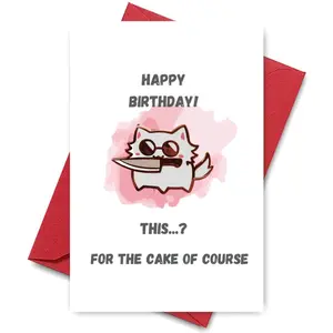 Sassy Cake Defender Greeting Card - Sunglasses-Wearing Cat Gripping Knife with 'FOR THE CAKE OF COURSE' Snarky Caption, Pink Watercolor Splash Background, Perfect for Birthday Roasts, Perfect Gift for Unfiltered Besties