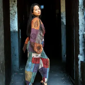 Boho Hippie Two piece Pants with pockets and tie top set. Print wide leg pants with flare sleeve.