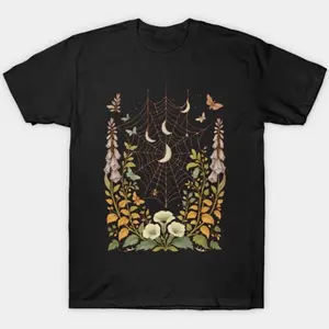 Women's Short-Sleeve Printed Round Neck Comfortable Fabric Witch Garden Moon-Web Witchcore Botanical Art T-Shirt GJP
