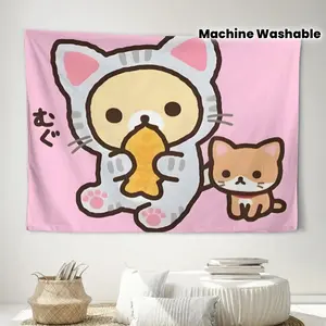Tapestry ZLIENSZUS R-Rilakkuma Minimalist Wall Hanging Tapestry - Cute Cartoon Cat Design With Pastel Pink Background, Soft Terry Cloth Fabric, Horizontal Home Office Decor For Calm Work Environment, Machine Washable, Cat Canvas Wall Art, Study Room