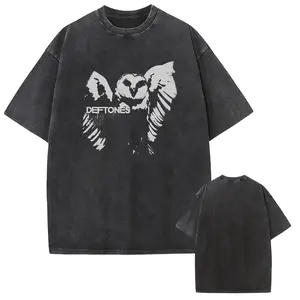 Menswear Oversize Round Neck Short-Sleeve Cotton T-Shirt - Vintage Retro Sunland Deftones Rock Band, Washed Heavyweight Unisex Streetwear Top, Gothic-Punk Grunge T-Shirt for Casual Outdoor Use Sport Shortsleeve