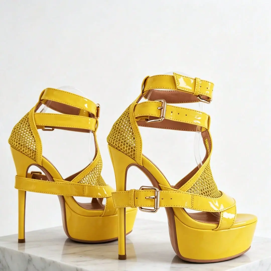 Women's Glamorous Yellow Mesh Caged Ankle Bootie Sandals, Multi-Buckle Open Toe Platform Stiletto High Heels for Party, Club, Stage, Prom and Date Night Pattern Flip Flops woman kidmi