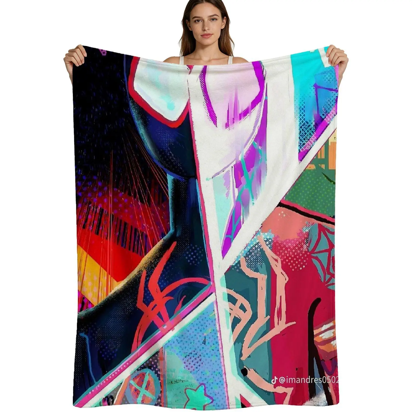 Miles Morales Spider-Verse Collage Soft Flannel Blanket - Multi-Size Options, Vibrant Pop Art Style, Bold Neon Colors, Halftone Details, Brushed Texture - Ideal for Teens' Bedroom, Couch Decor