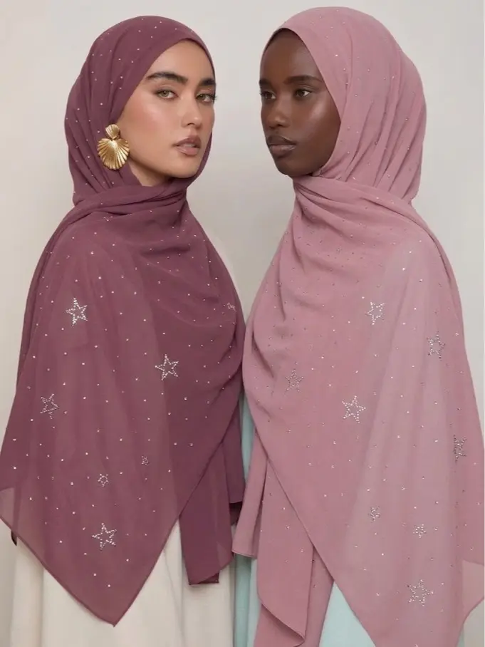 Chiffon Hijab for Islamic Women, 5-Pointed Star Sequin Modesty Head Wrap - Lightweight Long Scarf for Everyday Wear & Eid Gifts, Five-Pointed Star