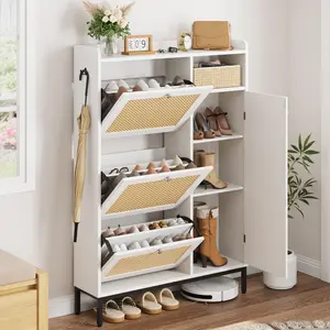 3 Drawer 4-Tier Rattan Shoe Cabinet with Flip-Up Storage - Freestanding Adjustable Organizer for Entryway/Closet/Hallway (White) Box Decorative