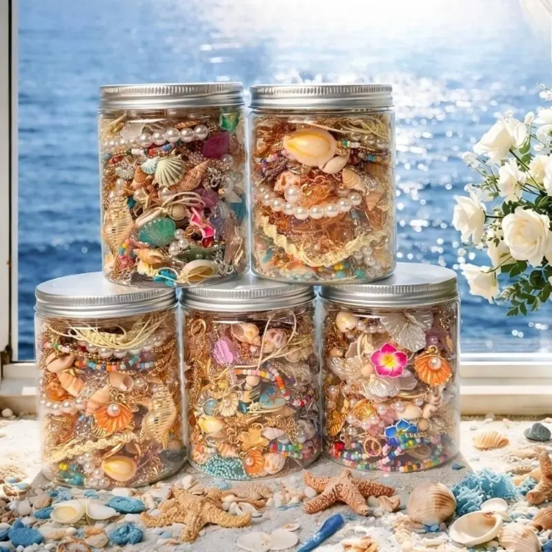 17pcs Random Boho Seashell Jewelry Set, Mixed Ocean Shell Sun Charm Necklaces Bracelets, Summer Beach Bohemian Accessories Pack with Storage Jar, Women Vacation Seaside Party Jewelry Gift