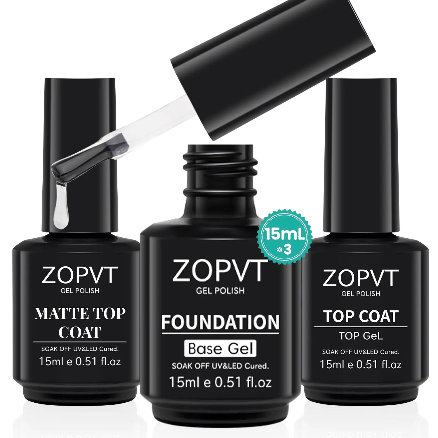 Zopvt Base Gel, Top Gel, Matte Top Coat Set, Gel Top Coat and Base Coat, 3 Pieces 15ML Nail Polish Gel, Art DIY Design Gift, Suitable for Women, Manicure, UV/LED Curing Required, Soak Off Gel