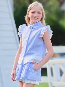 Girls Blue Striped Peter Pan Collar Blouse Ruffle Sleeve Cute Pullover Summer Top for 6-7Y