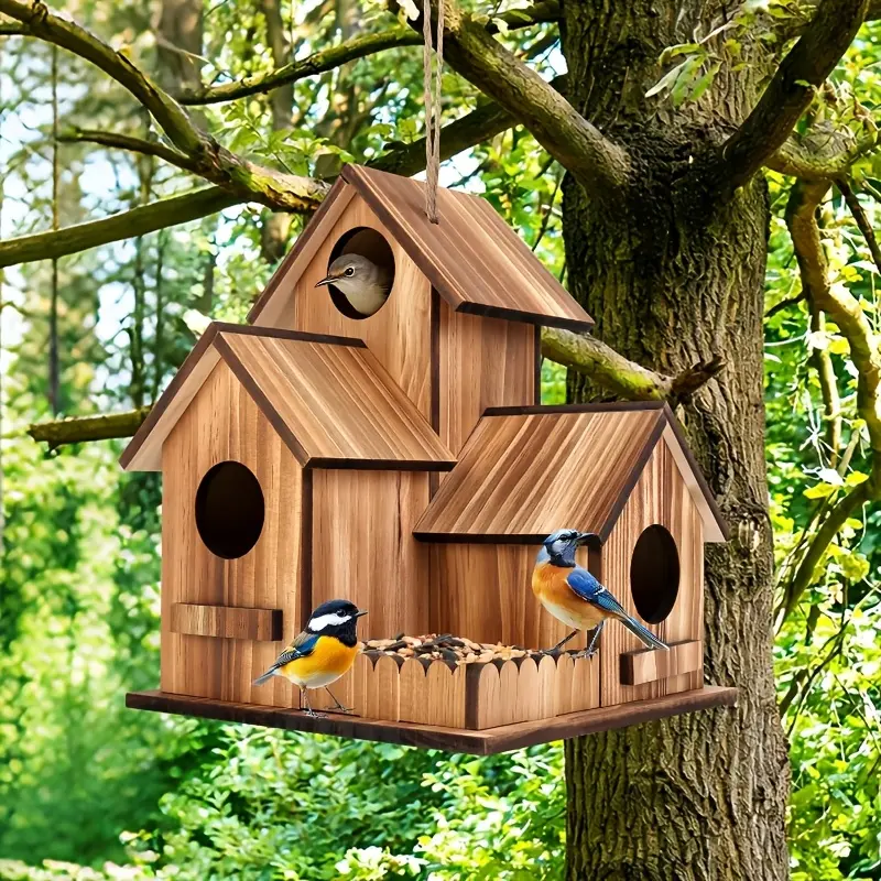 Decorative Hanging Bird House, Wooden-Style Garden Hanging Ornament for Patio Balcony Backyard Home Decor