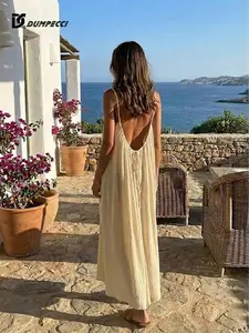 Sleeveless Crinkled Backless Dress for Women, Single-Layer Airy Comfort for Home Loungewear & Beach Vacation. Essential Summer Minimalist Skirt and Camisole for Cozier Nights, Romantic Evenings & Valentines Day Getaway, Adjustable Fit Gamis