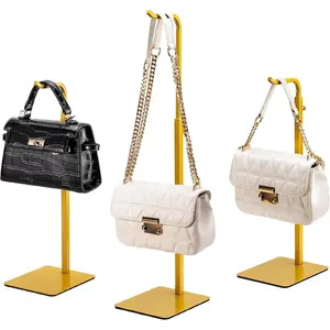 3 Pack Purse Holder Handbag Display Stand: Gold Hanger Rack for Bags, Purses, and Wreath, Adjustable Hook Stand for Tabletop, Closet, and Retail Use for Vendors