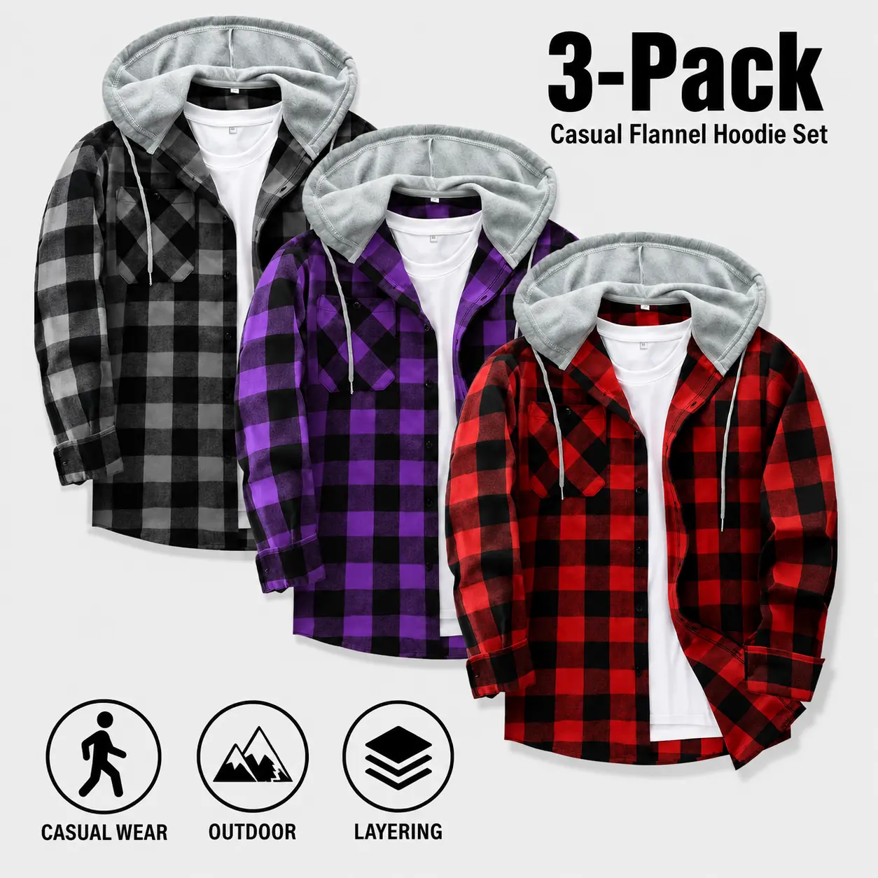 ZITY Men's 3-Pack Spring Lightweight Hooded Shackets - Wetsuit-Soft Thin Flannel, Chic Relaxed Fit, Breathable Button-Down Longsleeve Shirts for Business & Daily Wear (Multi-Color Value Set)