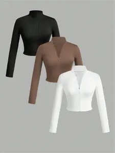 Women's Casual Sporty High Neck Zipper Long Sleeve Short Cardigan Set, Slim Fit Solid Color Top, 3 Piece for Fall & Winter, Casual Sportswear