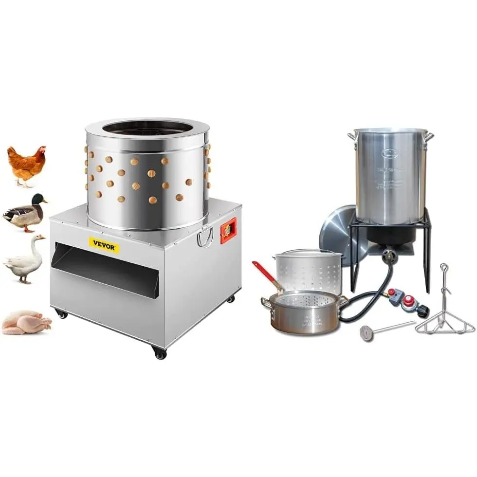 VEVOR 1500W Stainless Steel Chicken Plucker, 20In De-Feathering Barrel Machine with Lifting Hook, King Kooker Propane Outdoor Fry Boil 2-Pot Set for 20 lb Turkey, Silver, One Size