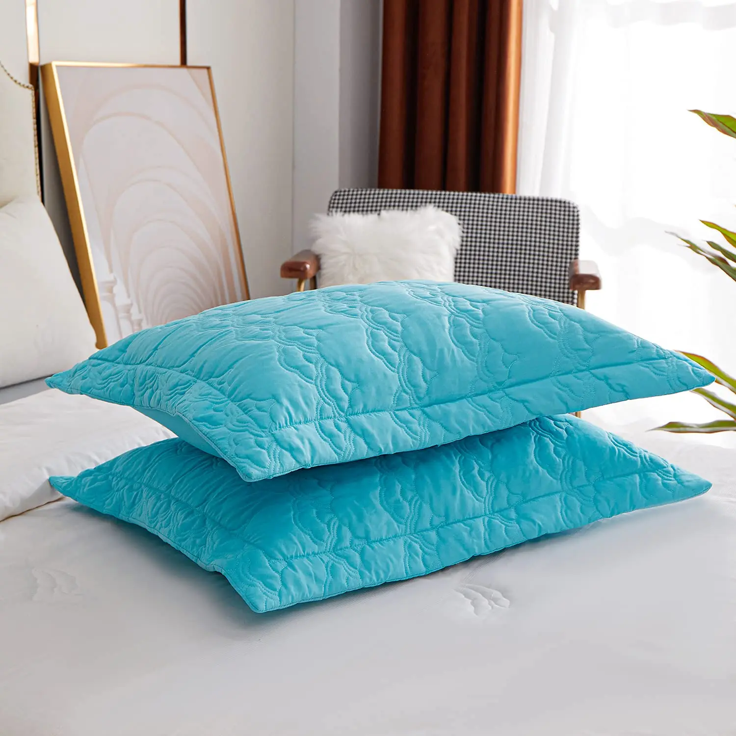 Kindred -Home 2-Piece Embroidered Floral Pillow Shams, Decorative Microfiber Pillow Shams Set Standard Euro Pillows 20x26 Size (Blue, Cloud)