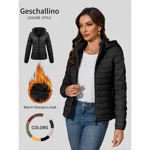 Women's Casual Hooded Cotton Jacket, Fall & Winter Lightweight Coat, Warm Fitted Outerwear with Pockets