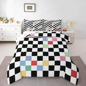 Feelyou Black White Checkerboard Kids Bedding Set - Microfiber Filled Comforter, U-Stitched Funky Plaid Quilt, Breathable Lightweight Microfiber Blanket, Travel-Friendly Multi-Size for Boys Girls, Breathable Blanket
