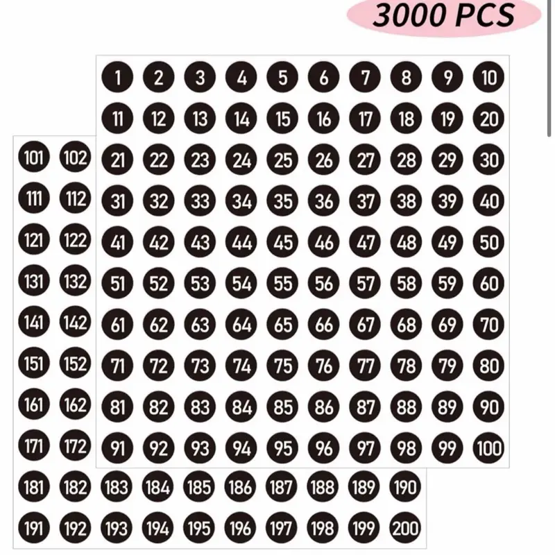 3000 Pieces Numbered Adhesive Labels, Consecutive Number Stickers 0.4” (10 mm) from 1 to 200, Vinyl Stickers, Residue-Free, Indoor Use