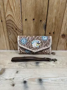 Aces Turquoise Tooled Leather Wallet Wristlet!