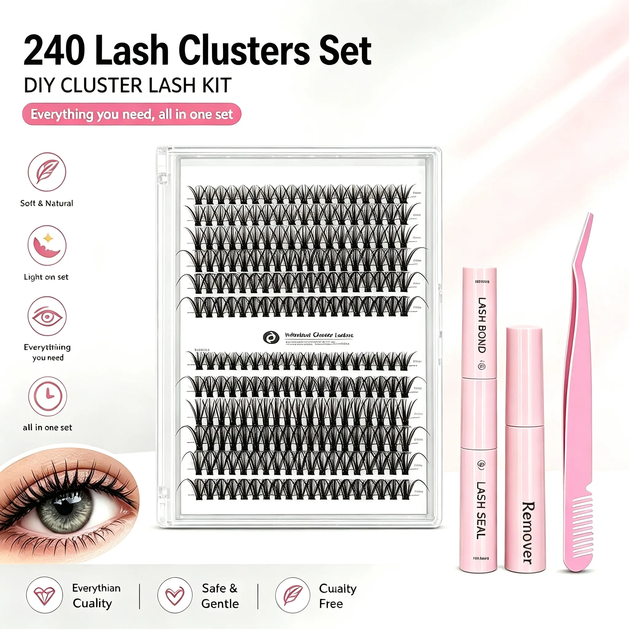 240Pcs Individual Cluster Lashes 30D/40D Mix 9-17mm Invisible Thin Band Natural Curl Volume DIY Self Application Eyelash Extension Reusable Cosmetic Lash Set