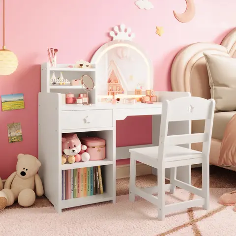 Garvee 2-in-1 Princess Kids Vanity Set With LED Mirror – Bookshelf Storage Cabinet Wooden Makeup Table & Chair for Girls Bedroom or Playroom Pink And Purple